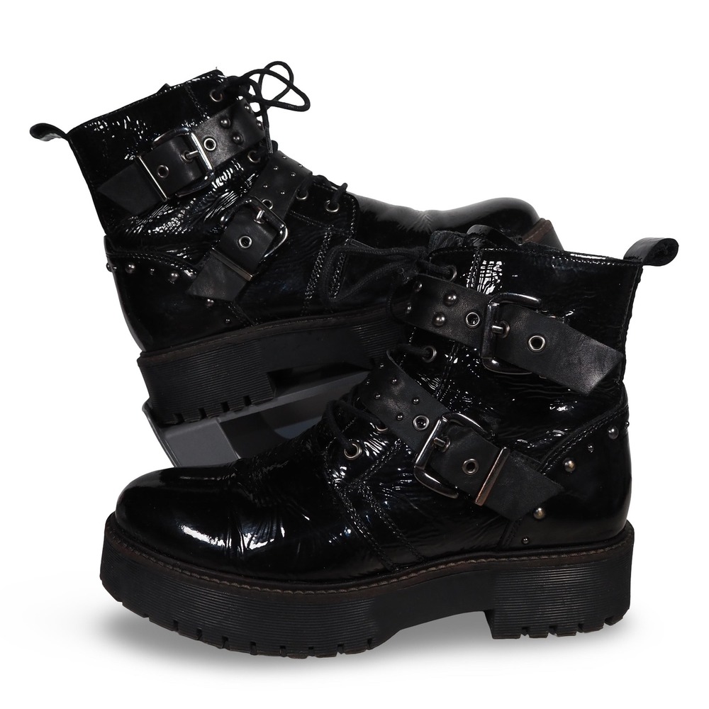 Pajar Canada Mosie Black Patent Leather Buckle Platform Combat Boots Women 7-7.5